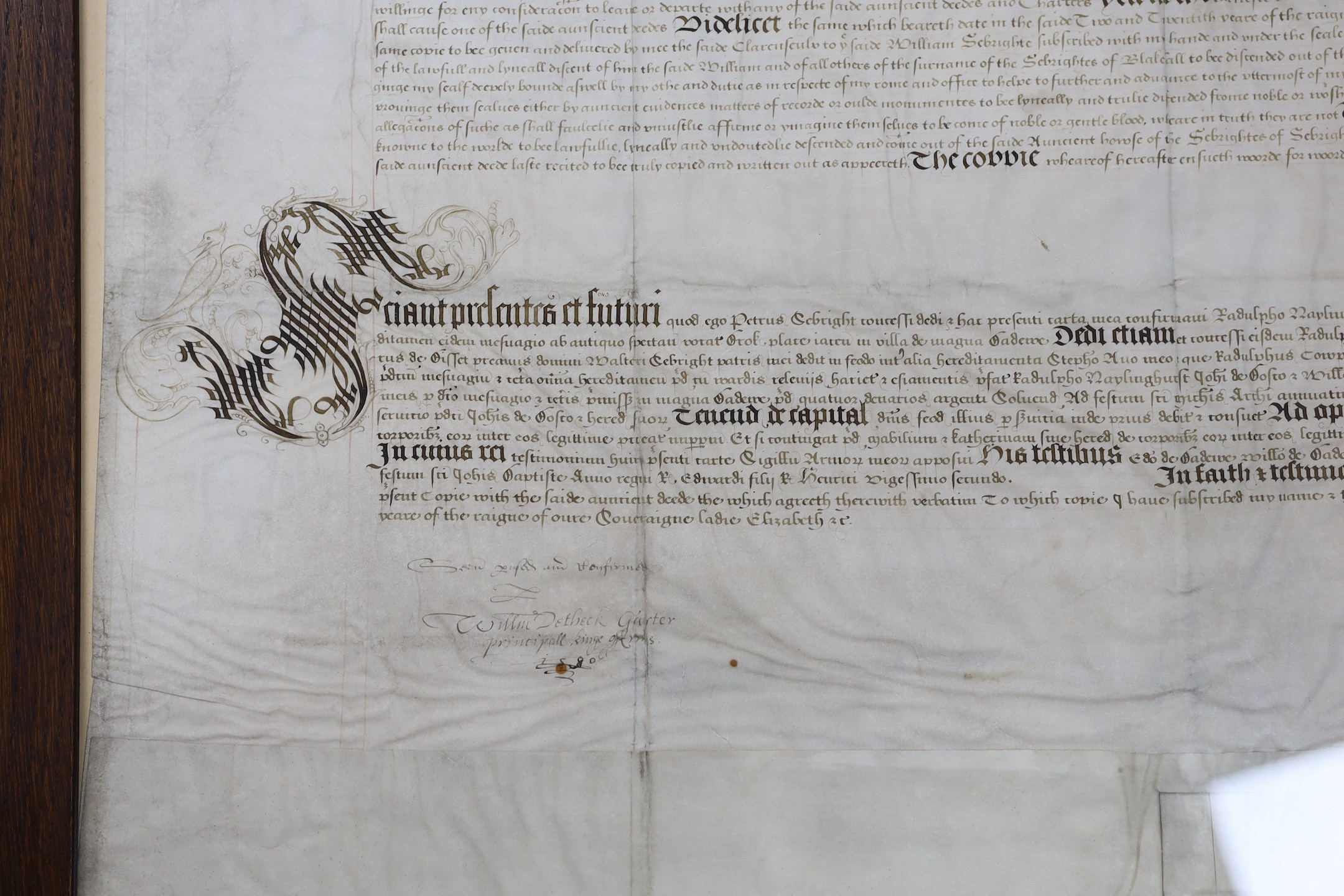 Two documents relating to a grant of arms to Edward Sebright of Blakeshall in Wolverley, Worcestershire, gentleman, April 1580